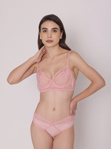 Pink Delicate Lace Underwired Bra And Panties Set