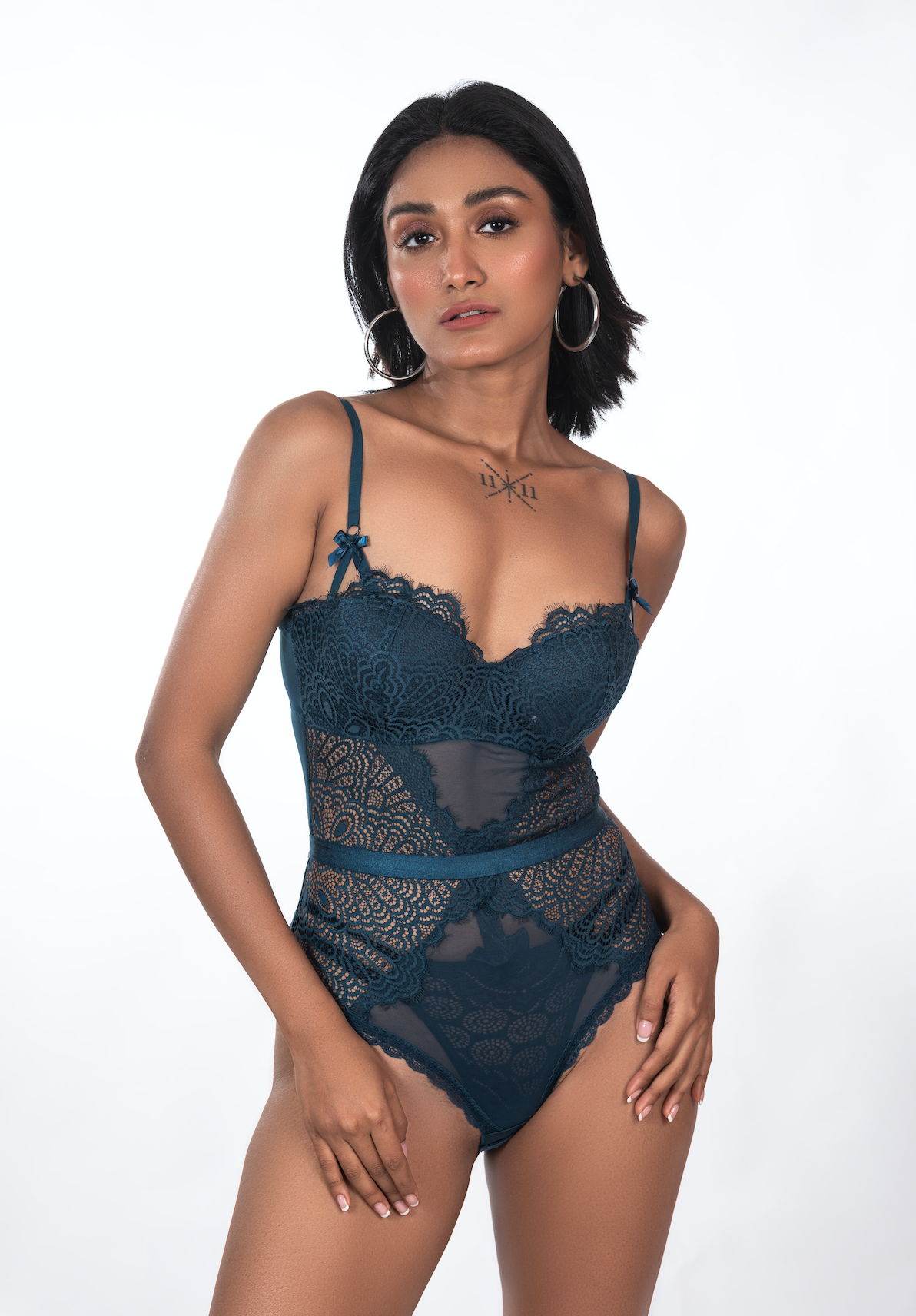 Courtney- Chic and Sheer Lingerie Bodysuit (Teal Green, Purple
